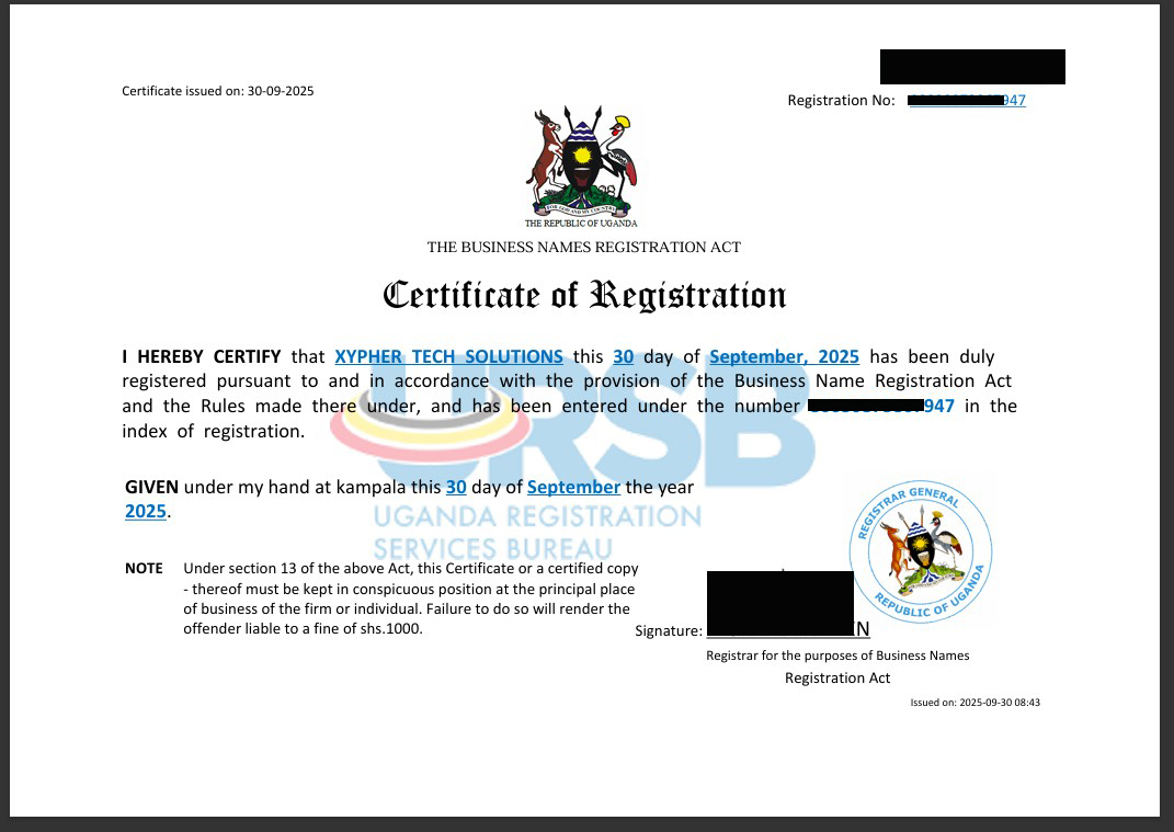 URSB Registration Certificate (sensitive info blurred)